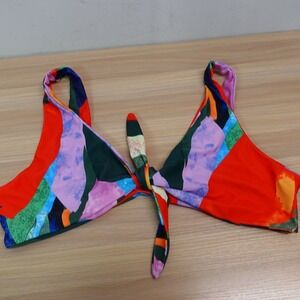 Tie Front Bikini Top Womens XL Orange Purple Abstract Bralette Swimwear Summer